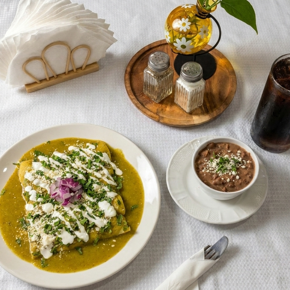 Overhead view of enchiladas with green sauce and crema, refried beans, iced cola, condiments, and napkins on a white tablecloth.