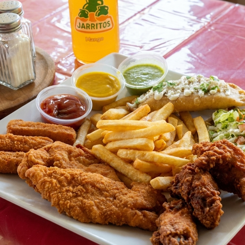 Mexican platter with fried chicken, fish, fries, tacos, salsas, Jarritos soda, and traditional clay pitcher on a red table.