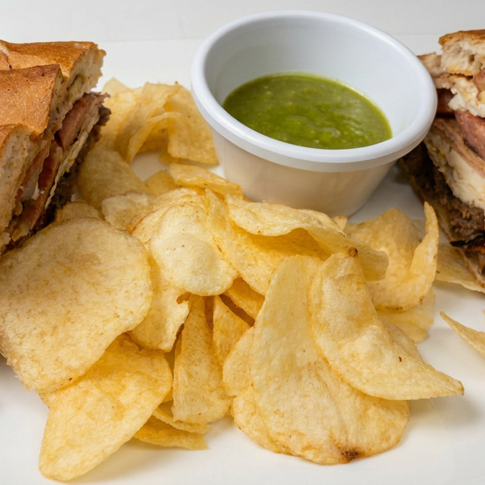 Two loaded toasted sandwiches with potato chips and a bowl of green dipping sauce on a white plate.