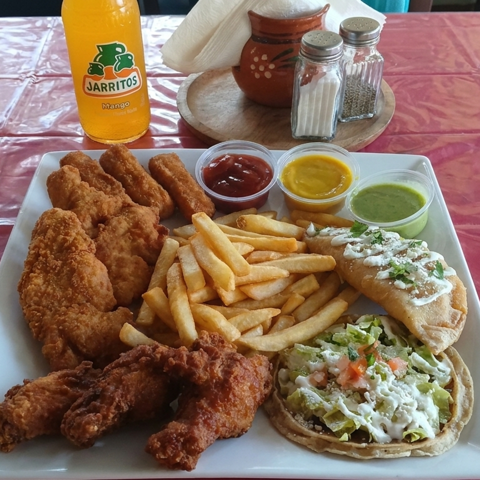 Platter of fried chicken, fish, shrimp, french fries, and a stuffed taco with three dipping sauces, accompanied by a Jarritos mango soda.
