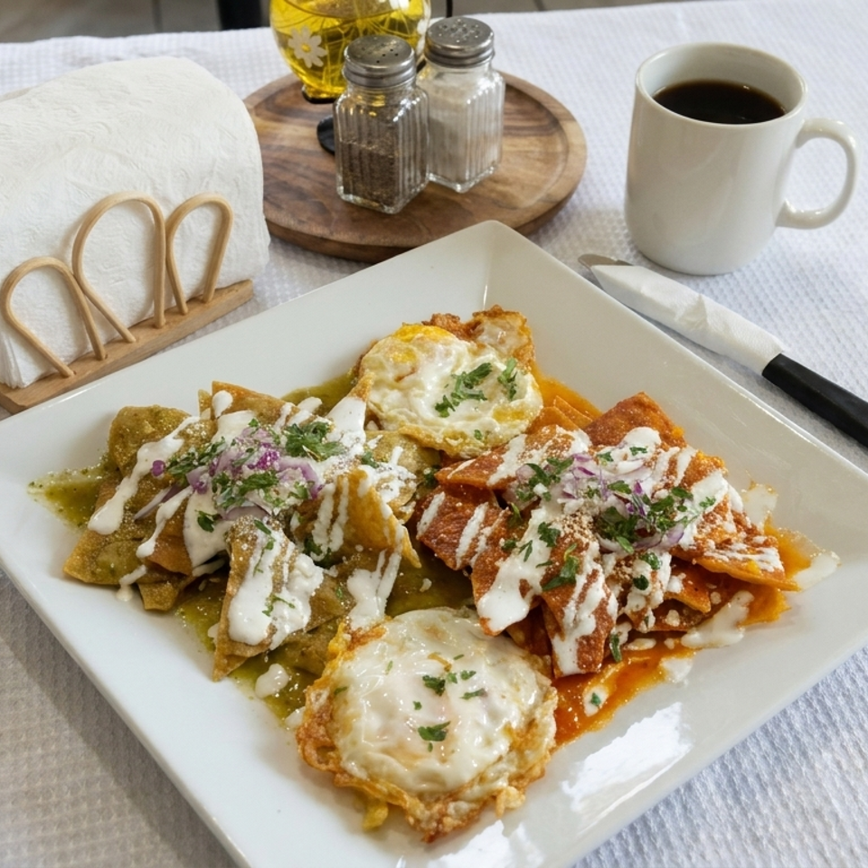Plate of sauced enchiladas topped with fried eggs, cream, herbs, and onions, accompanied by coffee, napkins, and condiments.
